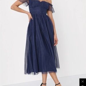 Lulus Elegant Navy Blue Tulle Midi Off-Shoulder Wedding Guest Dress